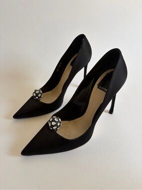 Vintage Christian Dior Black Satin Disco Ball Pointed-Toe Pumps